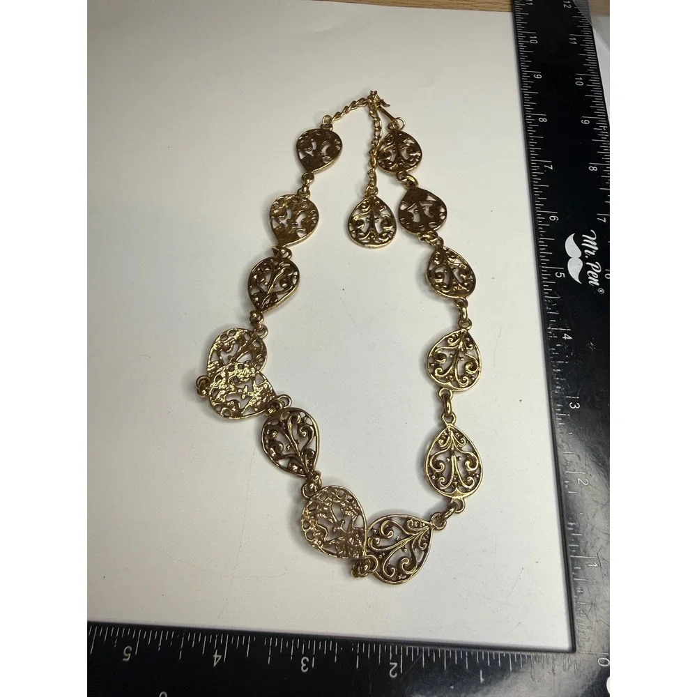 Gold Tone Filigree Teardrop Link Chain Belt Adjustable Boho Ornate Metal 39in